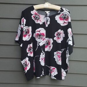 Cato Black Pink White Floral Batwing Blouse Size Medium